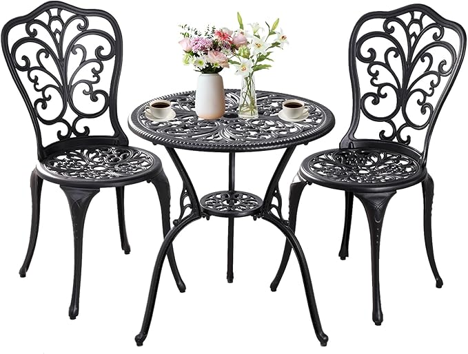 Withniture Patio Bistro Set 3 Piece Outdoor,Cast Aluminum Outdoor Bistro Table and Chair Set of 2 with 1.97" Umbrella Hole,All Weather Bistro Table Set for Front Porch Set(Butterfly Black)