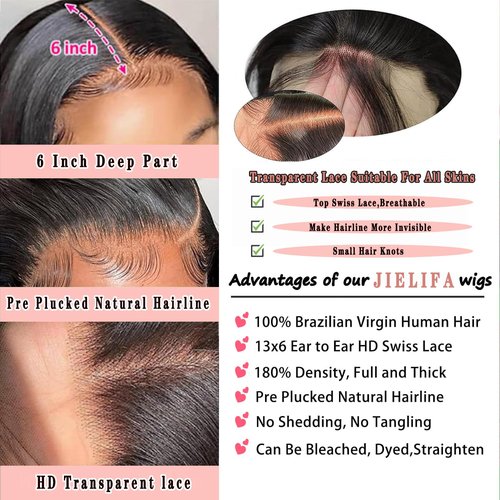JIELIFA 13x6 Lace Front Wigs Human Hair Pre Plucked 180% Density 24 Inch HD Body Wave Lace Front Wigs Human Hair Lace Frontal Wigs wigs for Women Glueless Wigs Pre Plucked Black wig