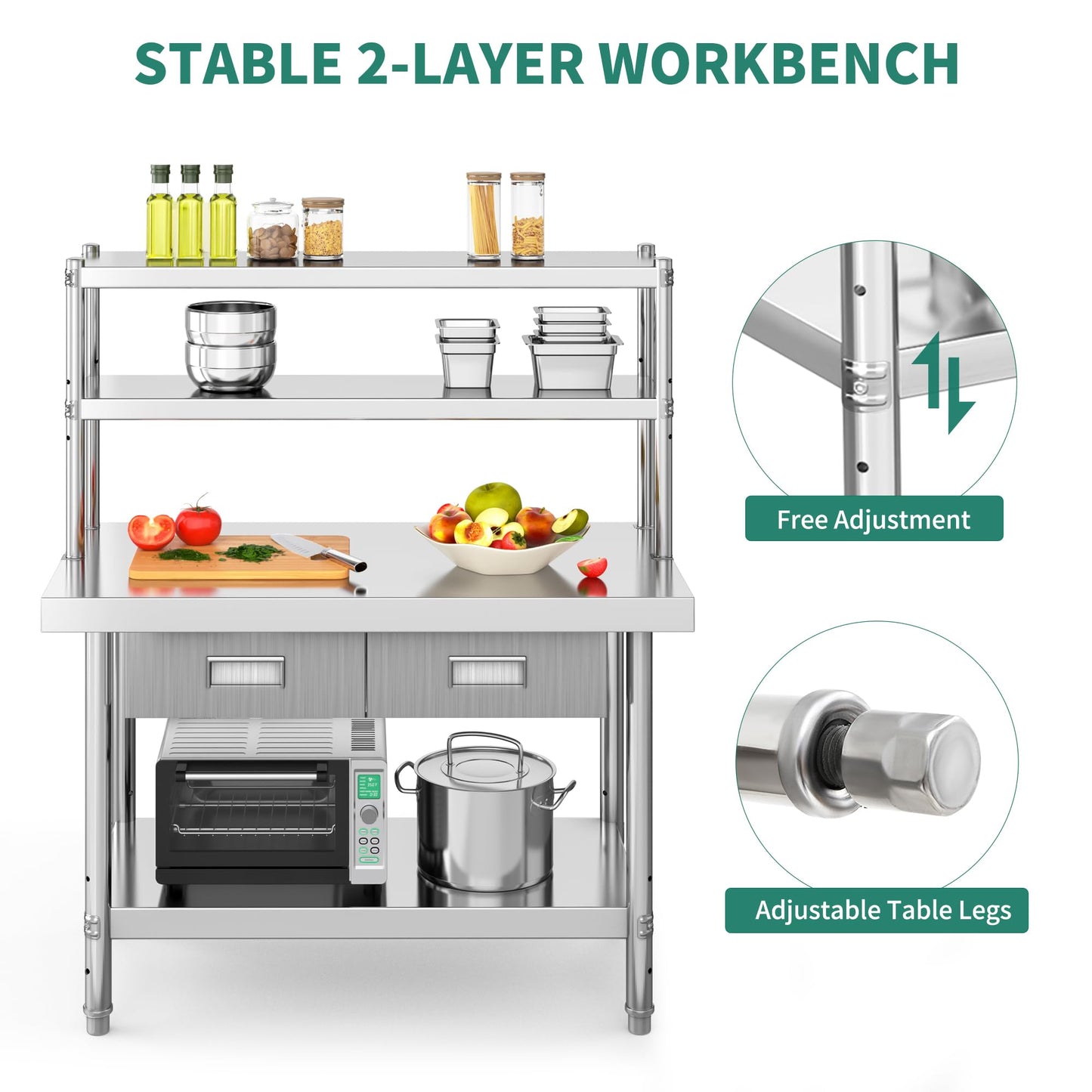YITAHOME 48" × 24" Stainless Steel Table with Overshelves and 2 Drawers, NSF Worktable with 48" X 12" Shelf & 2 Drawers, Metal Prep Workstation for Home Kitchen Restaurant Garage Warehouse