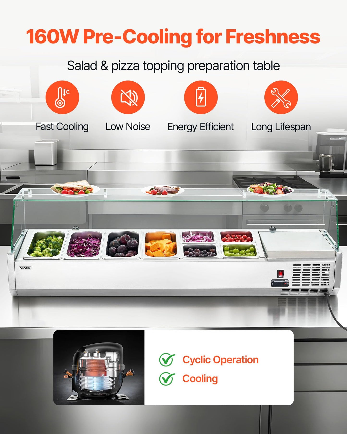 VEVOR Refrigerated Condiment Prep Station, 130 W Countertop Refrigerated Condiment Station, with Four 1/3 Pans & Four 1/6 Pans, 304 Stainless Body and PC Lid, Sandwich Prep Table with Glass Guard