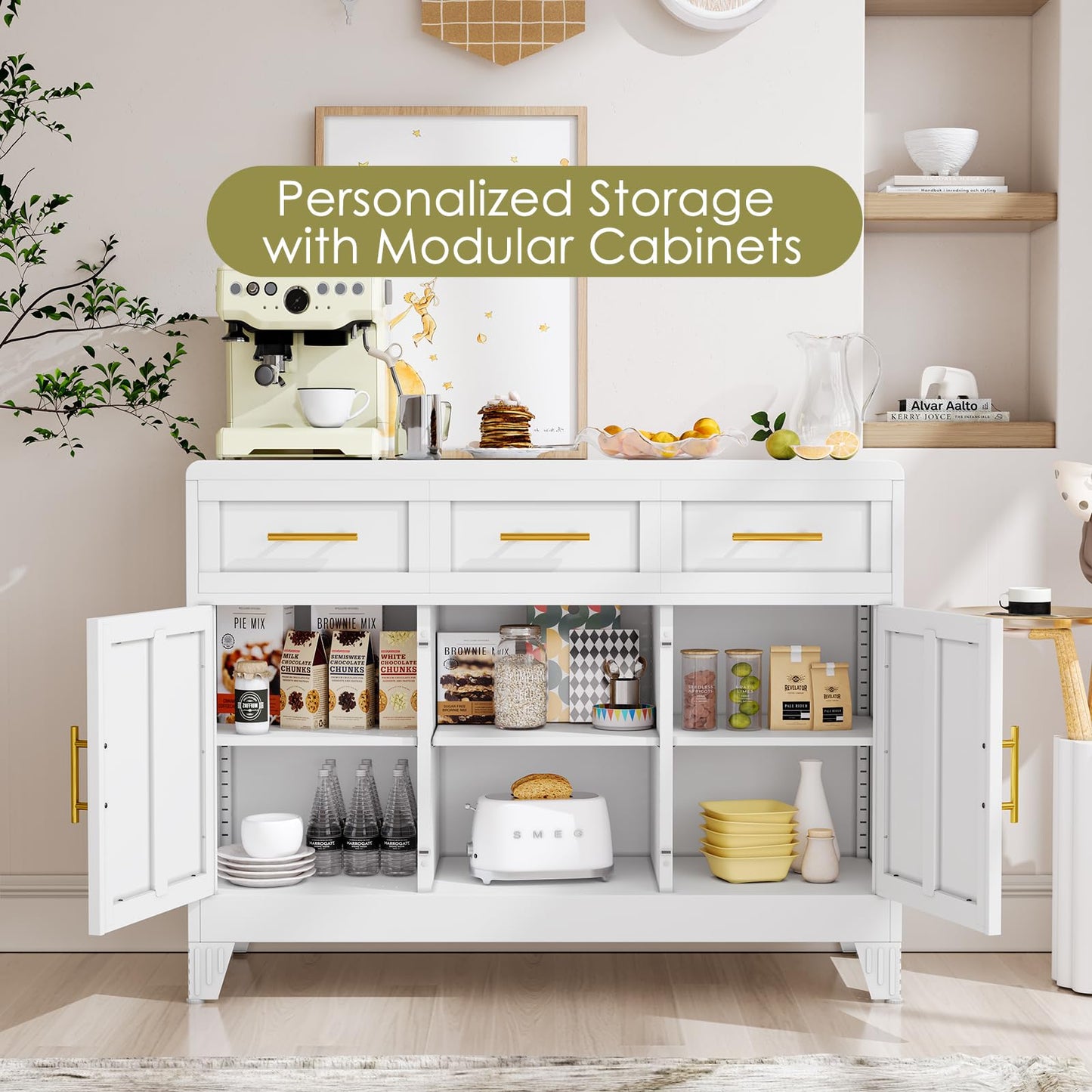 Sideboard Buffet Cabinet with Drawers, 47.2" Large Sideboard Cabinet with Doors & Adjustable Shelves, Modern Farmhouse Coffee Bar Console Table, Coffee Bar for Kitchen, Dining Room