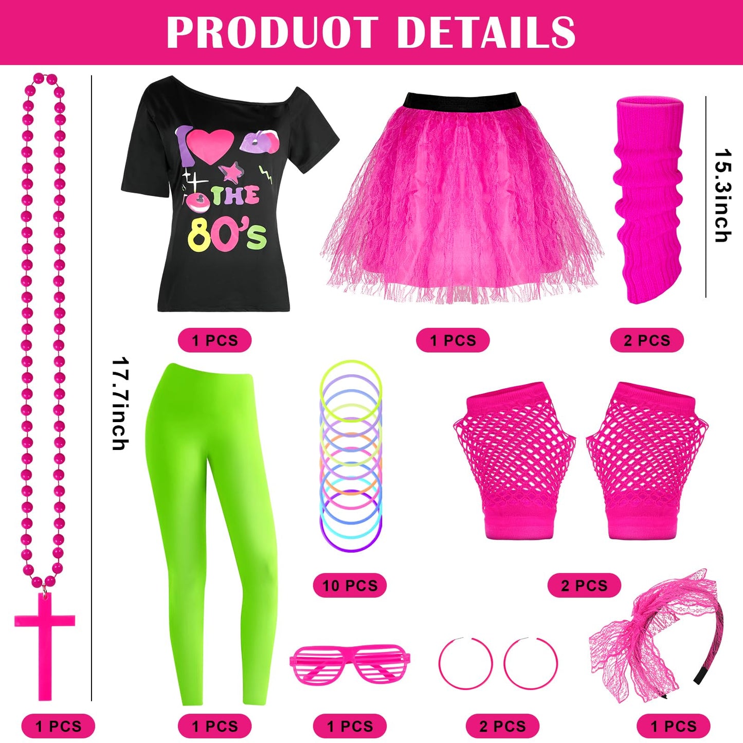 Mukum 80s Costume Set for Women 80s Outfit Accessories Set Off Shoulder Pink T Shirt Leggings Bracelets Hairband Fishnet Gloves Beaded Necklace for Hollowen Party-M