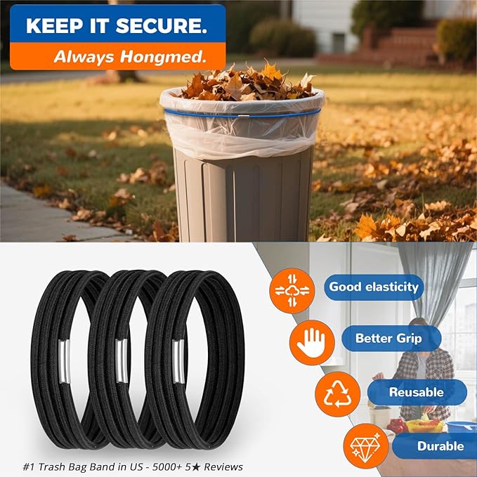 Trash Can Bands Set of 3, Fits 32 to 55 Gallon Cans, Hongmed Large Elastic Rubber Bands for Kitchen/Office/Garage, Secure Garbage Bags Black.