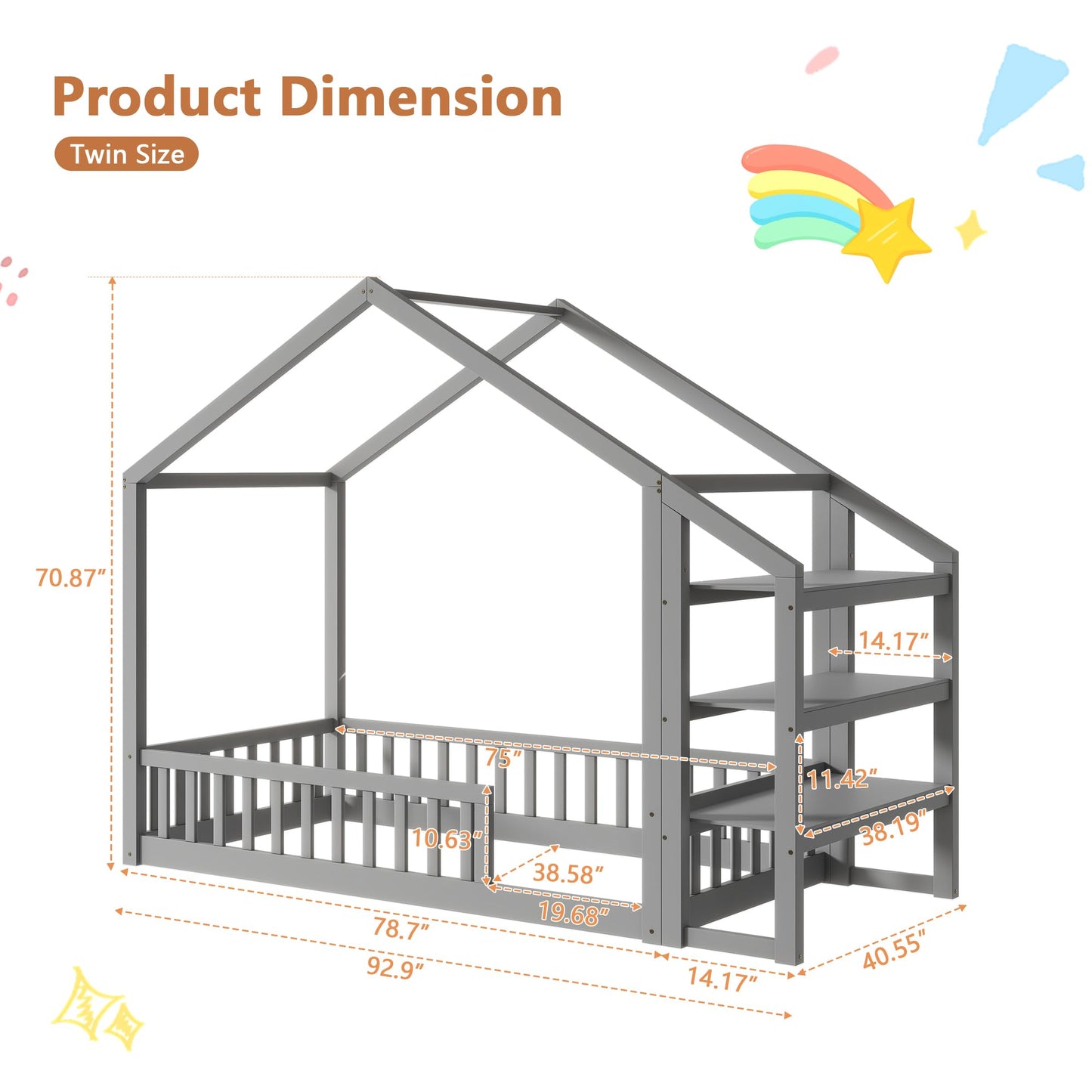 Aoowow Twin Size Floor Bed Twin House Bed Frame with Storage Shelves, Wooden Montessori Floor Bed Kids Playhouse with Fence for Boys Girls for Bedroom,Twin-Grey