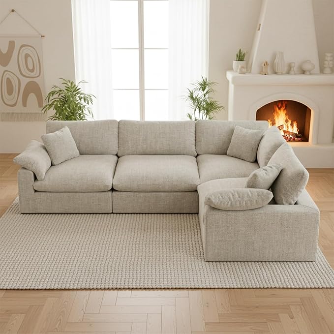 Forest aesthetics Modular Sectional Sofa, 4 Seater Cloud Couch,Down Filled Comfy Cloud Modern Sofa,Light Beige Linen Oversized Couch Cushion Covers Removable for Living Room