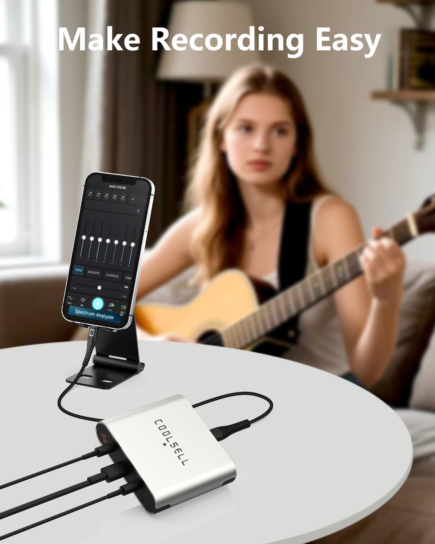 Coolsell Portable Audio Interface 24Bit/192Khz, Dual Gain Knob, Stereo Usb C And Iphone Interface For Live Streaming And Recordi
