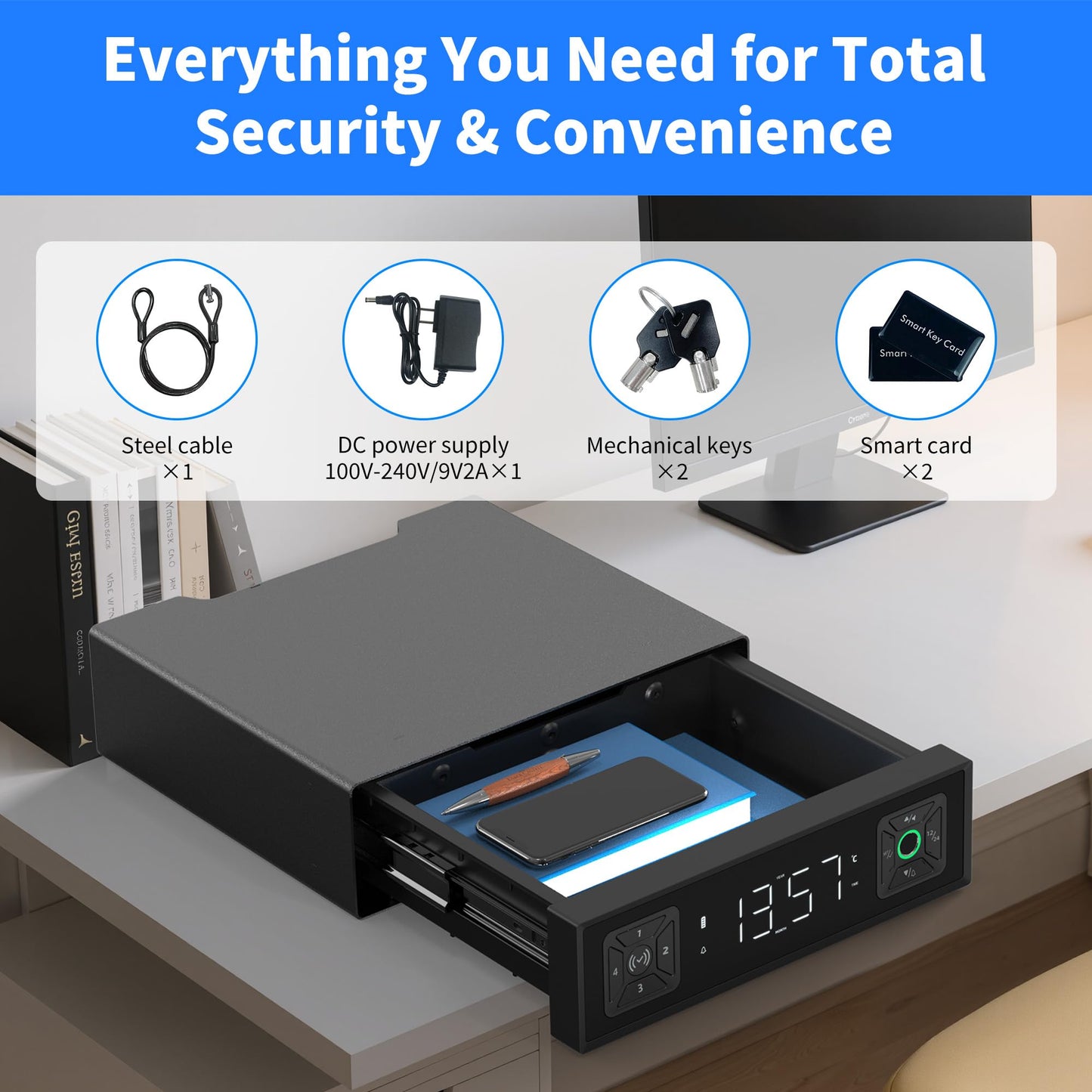 Medunor Smart Safety Box, Biometric Gun Safe for Handguns, Portable Security Safe with Fingerprint Lock, RFID Card, Keys, Anti-Theft Steel Cable, for Home & Travel, USB Charging, 2.4L Capacity