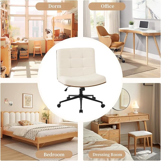 Furnimart FSC Wooden Wide Desk Chair, 360° Swivel Criss Cross Office Chair with Wheels, Comfy Cross Legged Sitting, Armless Height Adjustable Rolling Chair for Bedroom, Office, Vanity (Linen Beige)