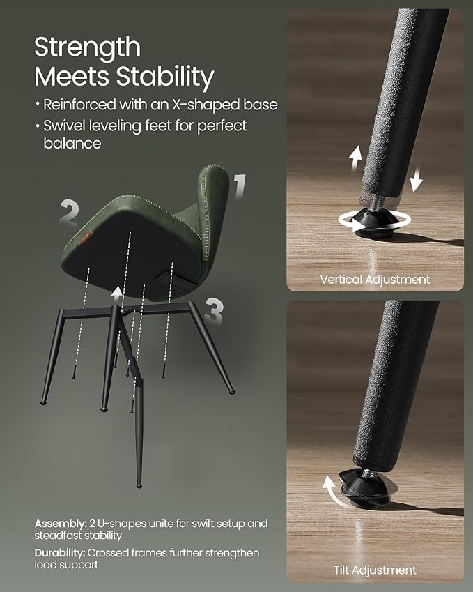 VASAGLE EKHO Collection - Dining Chairs Set of 4, Upholstered Kitchen Chairs, Comfortable Seat, Synthetic Leather with Stitching, Mid-Century Modern, Easy Assembly, Living Room Lounge, Forest Green