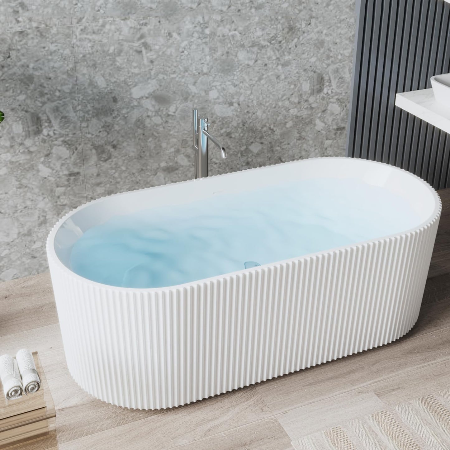 59 Inch Acrylic Freestanding Bathtub, Deep Soaking Tub with Non-Slip Base, cUPC Certified Free Standing Tub, Chrome Drain Bath Tub, Modern Tub for Bathrooms, White