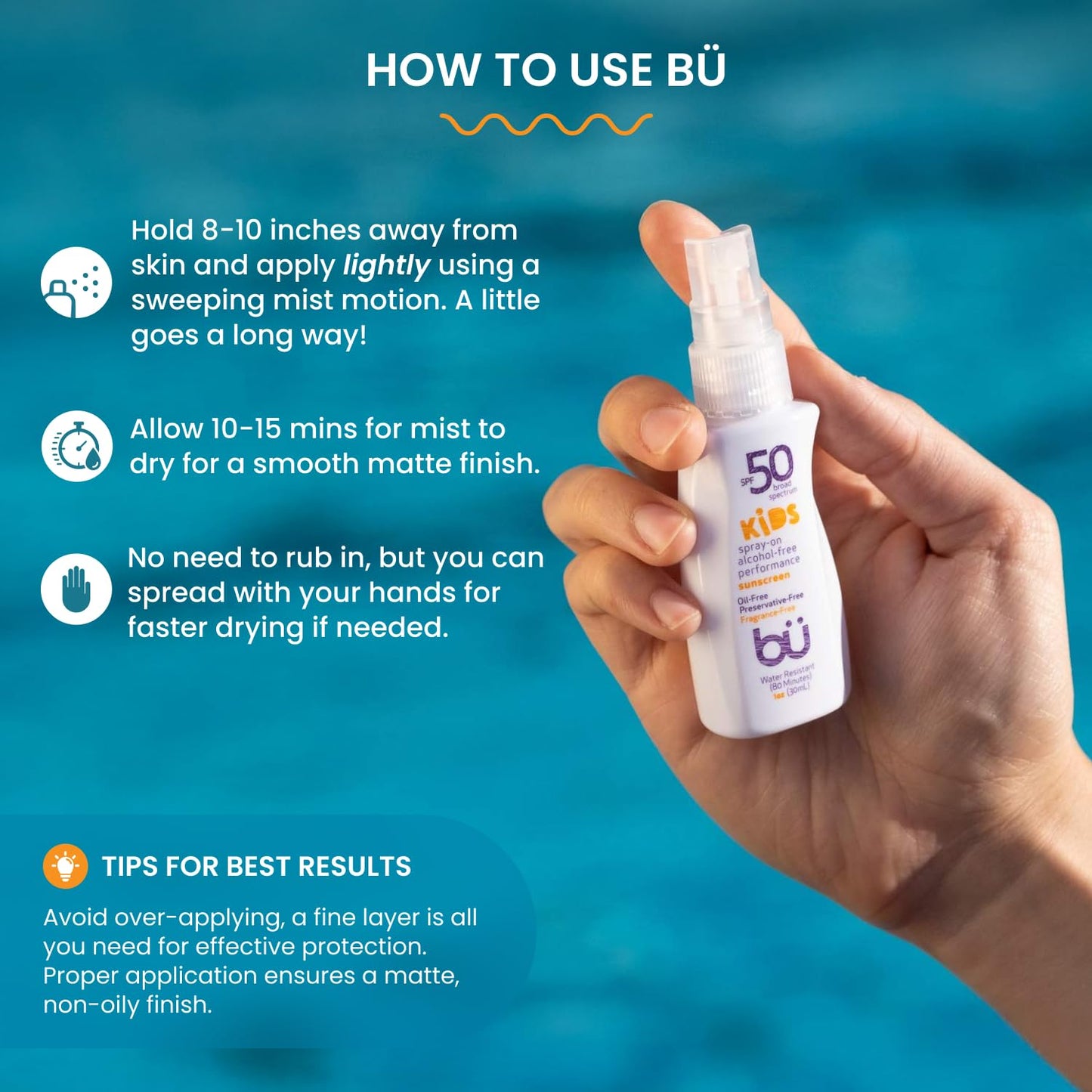 BU SPF 50 Fragrance Free Kids Sunscreen Spray for Face and Body, TSA Travel Size Sunscreen, Clear Non Aeorsol Spray, Non Greasy,