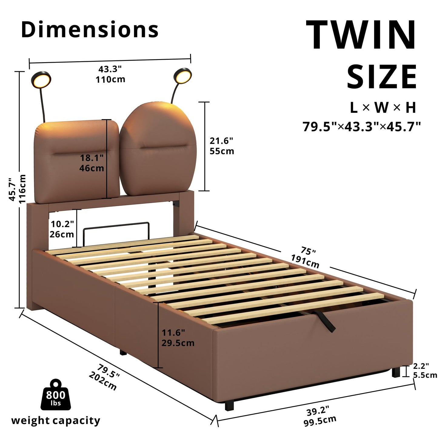 LIKIMIO Twin Bed Frame with Lift Up Storage, Modern Platform Bed with Upholstered Headboard & Light, Sturdy and Noiseless, Easy Assembly, Faux Leather