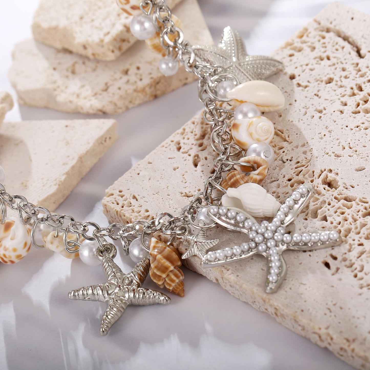 RUOFFETA Shell Starfish Necklace Bracelet Conch Statement Chunky Necklace Mermaid Costume Jewelry Beach Jewelry for Women(Neckla