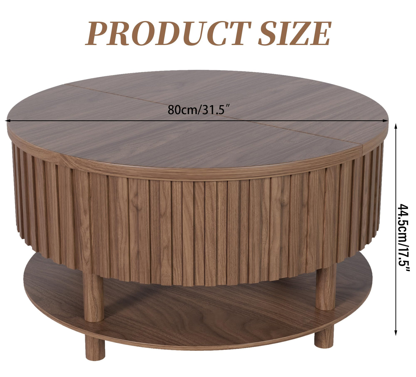 Limaoaio Round Lift Top Coffee Table with Storage, 31.5'' Modern 2-Tier Coffee Table with Hidden Storage Compartment and Open Shelf, Fluted Center Table for Living Room Home Office (Walnut)