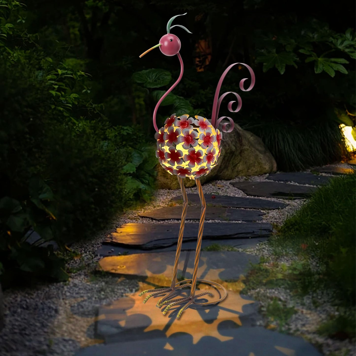 Afirst Solar Flamingo Outdoor Decor Metal Flamingo Figurine Light with Flowers Pink Flamingos Solar Sculptures & Statues for Yard Outdoor Lawn Decoration