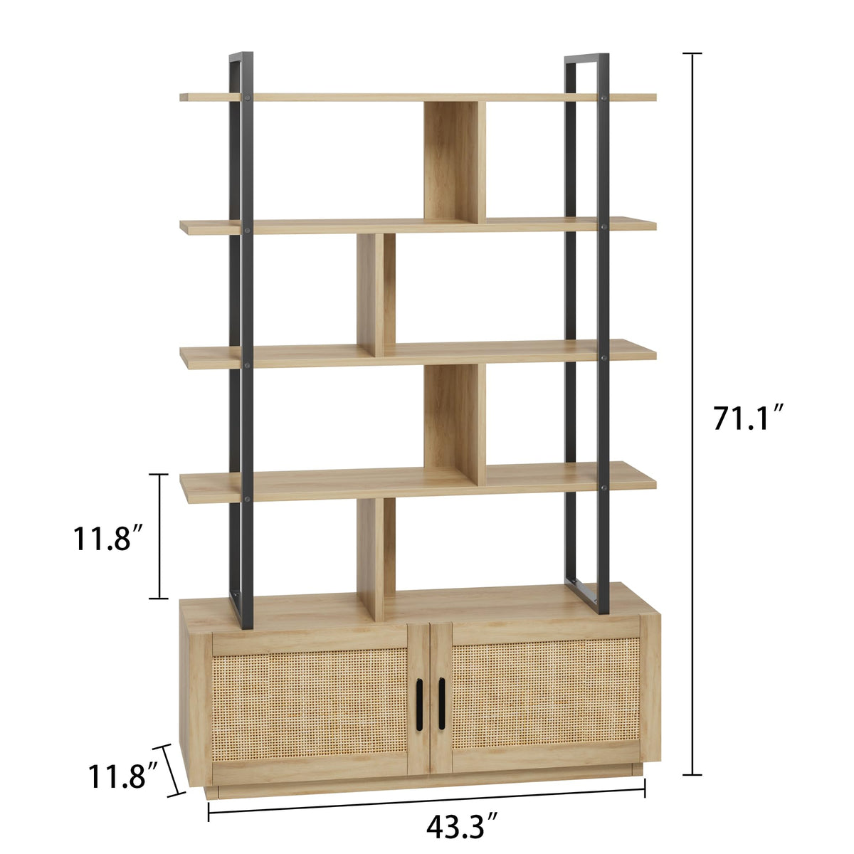 GAOMON 5 Tier Rattan Bookshelf with Storage Cabinet & Door, 71.1 Inch Tall Industrial Book Shelf with Open Display Shelves, 5 Shelf Bookcase with Metal Frame for Living Room, Bedroom -Burlywood