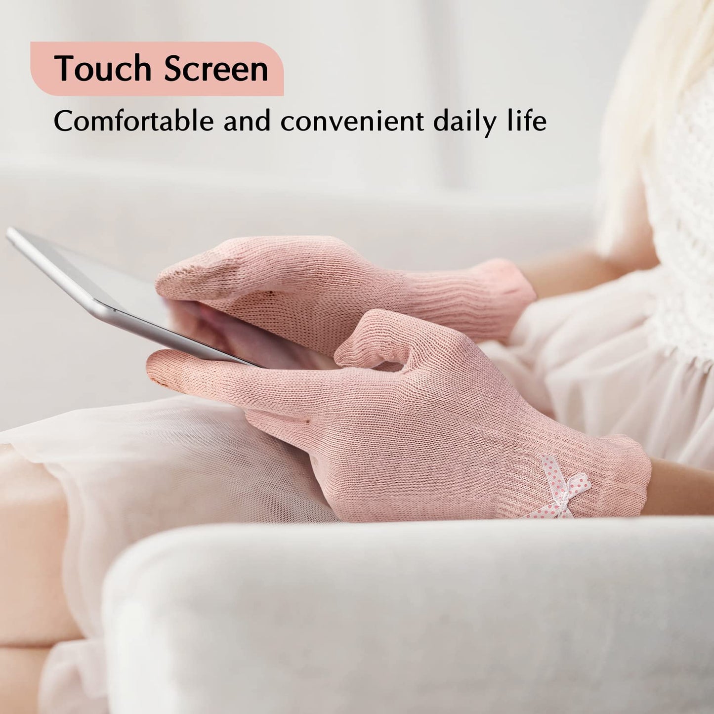 Evridwear Beauty Cotton Gloves with Touchscreen Fingers for SPA, Eczema, Dry Hands, Hand Care, Day and Night Moisturizing, 3 Siz
