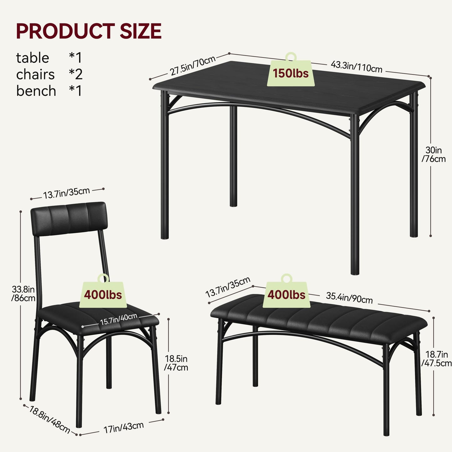 SLEKVERSA Dining Table Set for 4, Small Dining Table Set with Upholstered Bench and 2 Chairs, Kitchen Table and Chairs for 4, for Small Space, Apartment, Dinner, Rustic Black