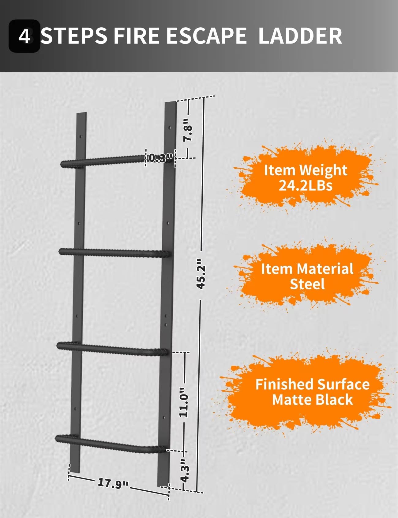 4-Rung Window Well Ladder, Heavy Duty Steel Basement Egress Ladder, Fire Escape Ladder for Emergency Home Safety(45.2" Lx17.9 W, Straight, Matte Black)