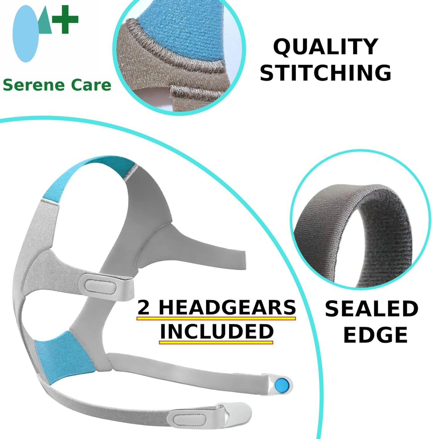 Serene Care 2-Pack Large Headgear Strap for AirFit F20/AirTouch F20 - Comfortable & Durable Replacement with Magnetic Clips – Breathable - Blue & Gray