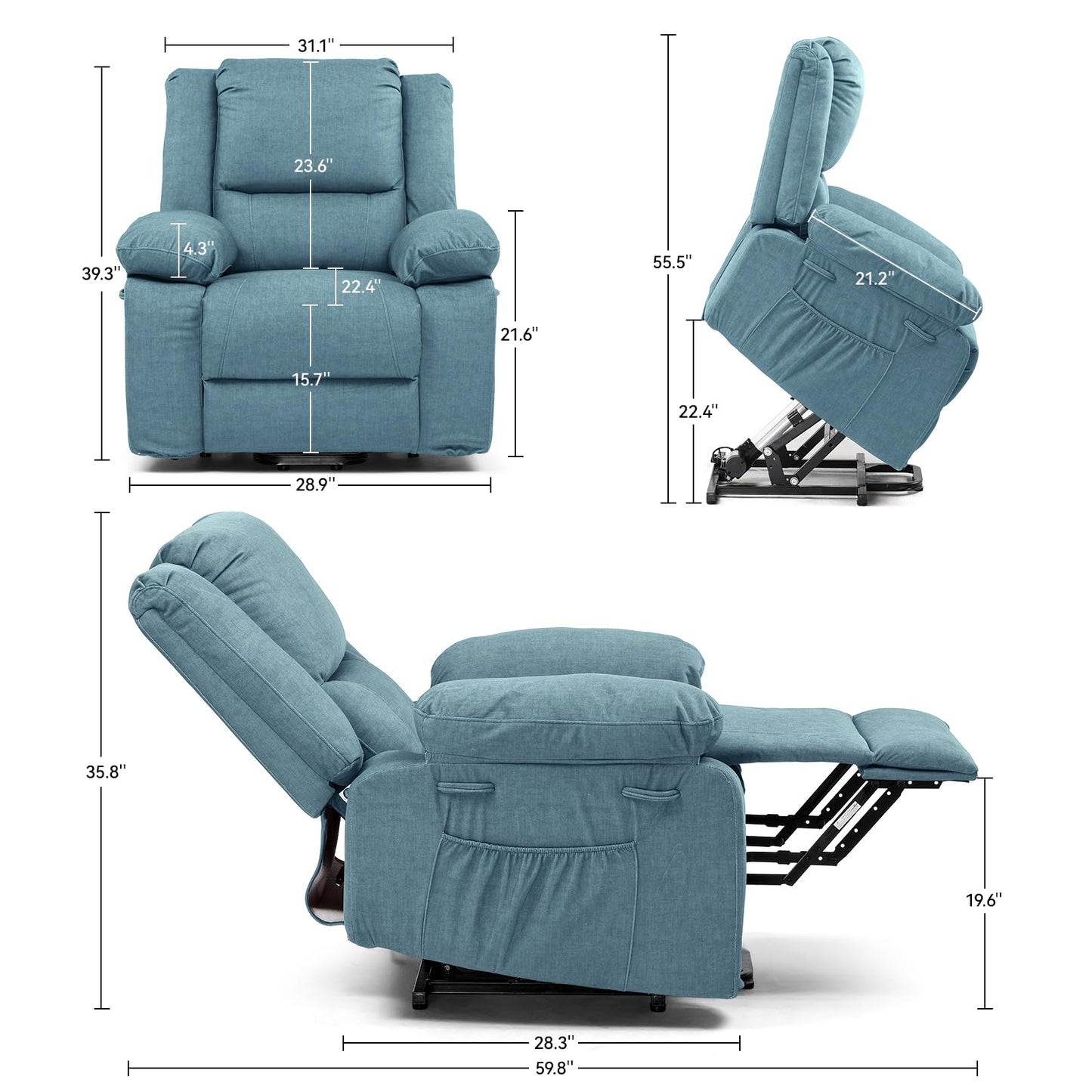 COMHOMA Electric Power Lift Chairs Recliners for Elderly,Recliner Chair with Massage and Heat,2 Side Pockets, USB Ports, Fabric(Blue)
