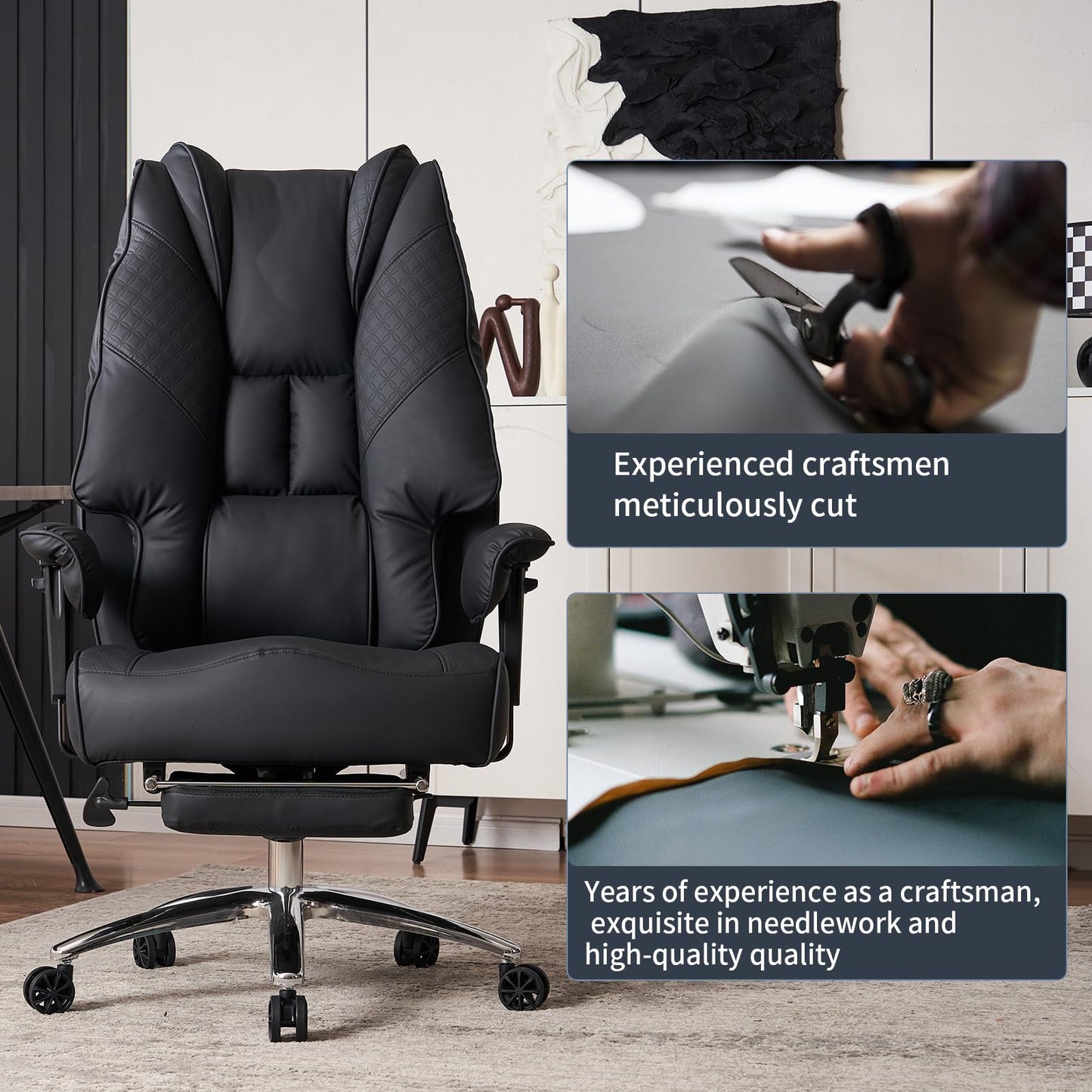 EXCEBET Big and Tall Office Chair 400lbs Wide Seat, Leather High Back Executive Office Chair with Foot Rest, Ergonomic Chairs Lumbar Support for Lower Back Pain Relief (Black)