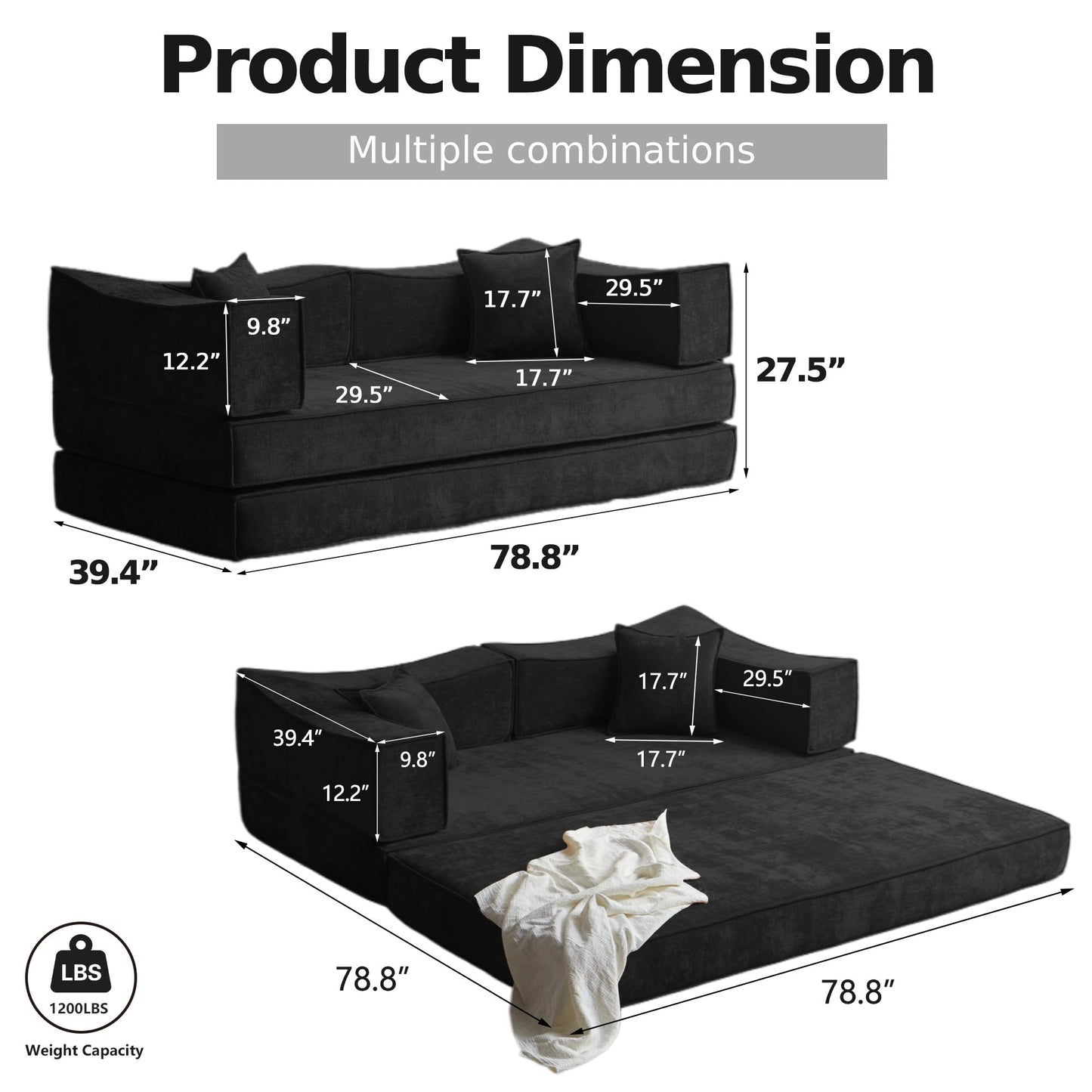 78.8''Convertible Floor Sofa Bed Combination Modular Boneless Couch Compression Sofa Couch Foldable Lazy cama for LivingRoom,Bedroom(Black)