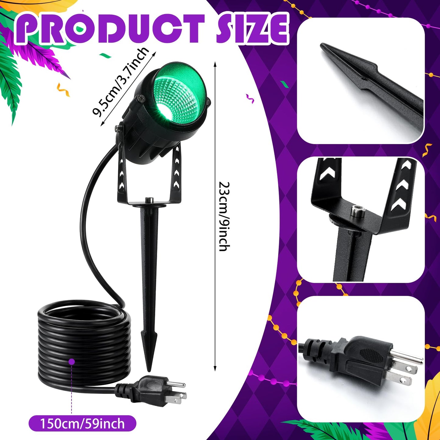 Grinsvalley 3 Pcs Mardi Gras Spotlight Outdoor Decorations Purple Green and Gold Spotlight Plug in Waterproof Spot Lights Landscape Lighting Carnival Lamp Yard Sign for Garden Outside Porch Supplies