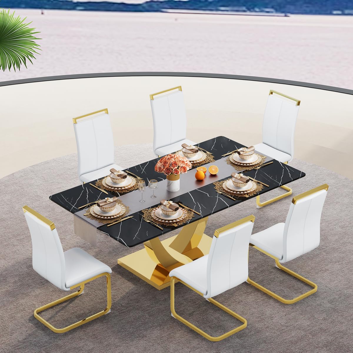 Dining Set of 6 Chairs and Table, 71'' Black Dining Table Set for 6, Faux Marble Dining Room Table Set & Ergonomic Chairs for Dining, Tempered Glass Top with U-Shaped Leg and Stainless Steel Base