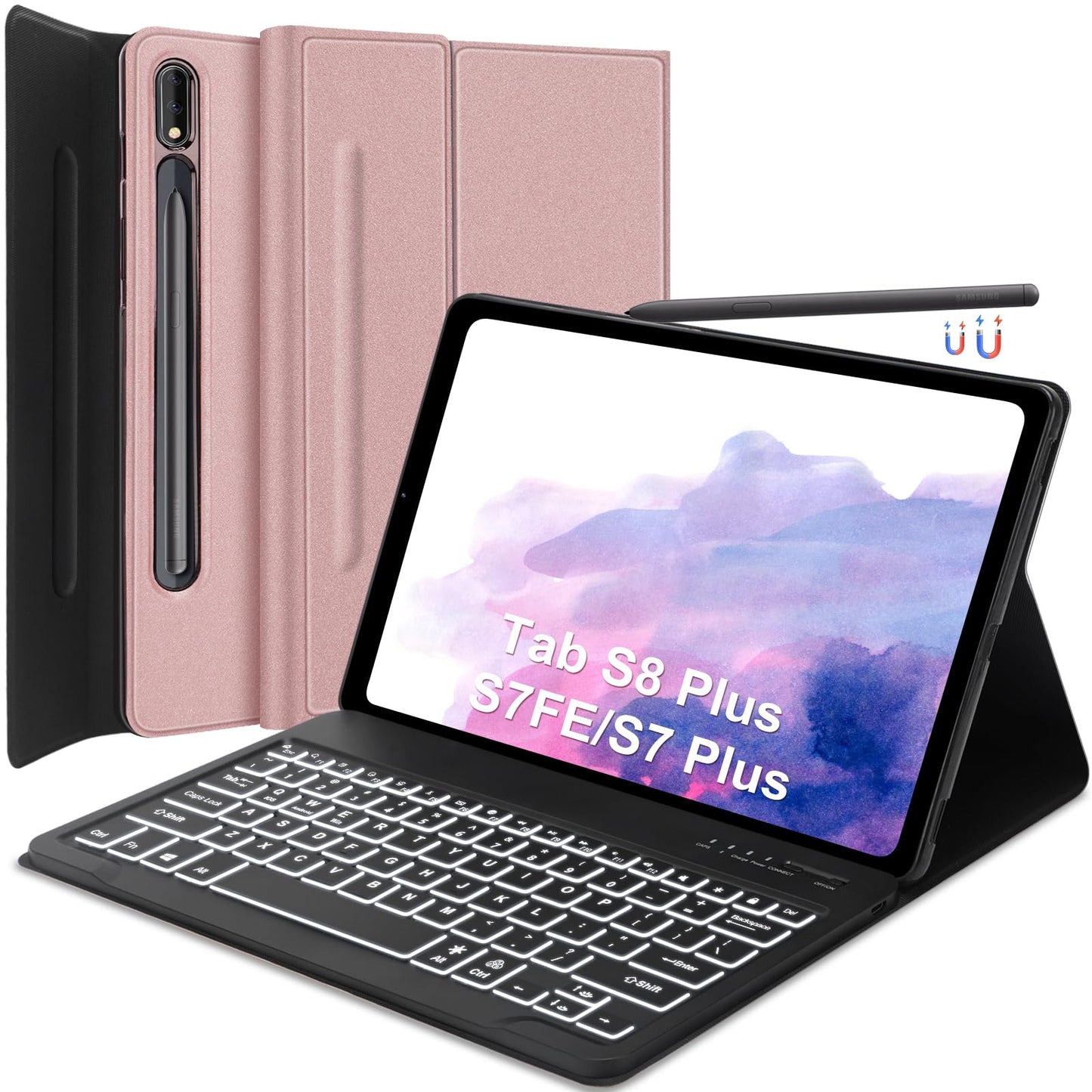Samsung Galaxy Tab S8+/S7 FE/S7 Plus Keyboard Case 12.4 inch -Detachable Bluetooth Backlit Keyboard Slim Multi-Angle Cover with S Pen Holder for Galaxy Tab S8+ 2022/S7 FE 2021/S7 Plus 2020 Rose Gold-New