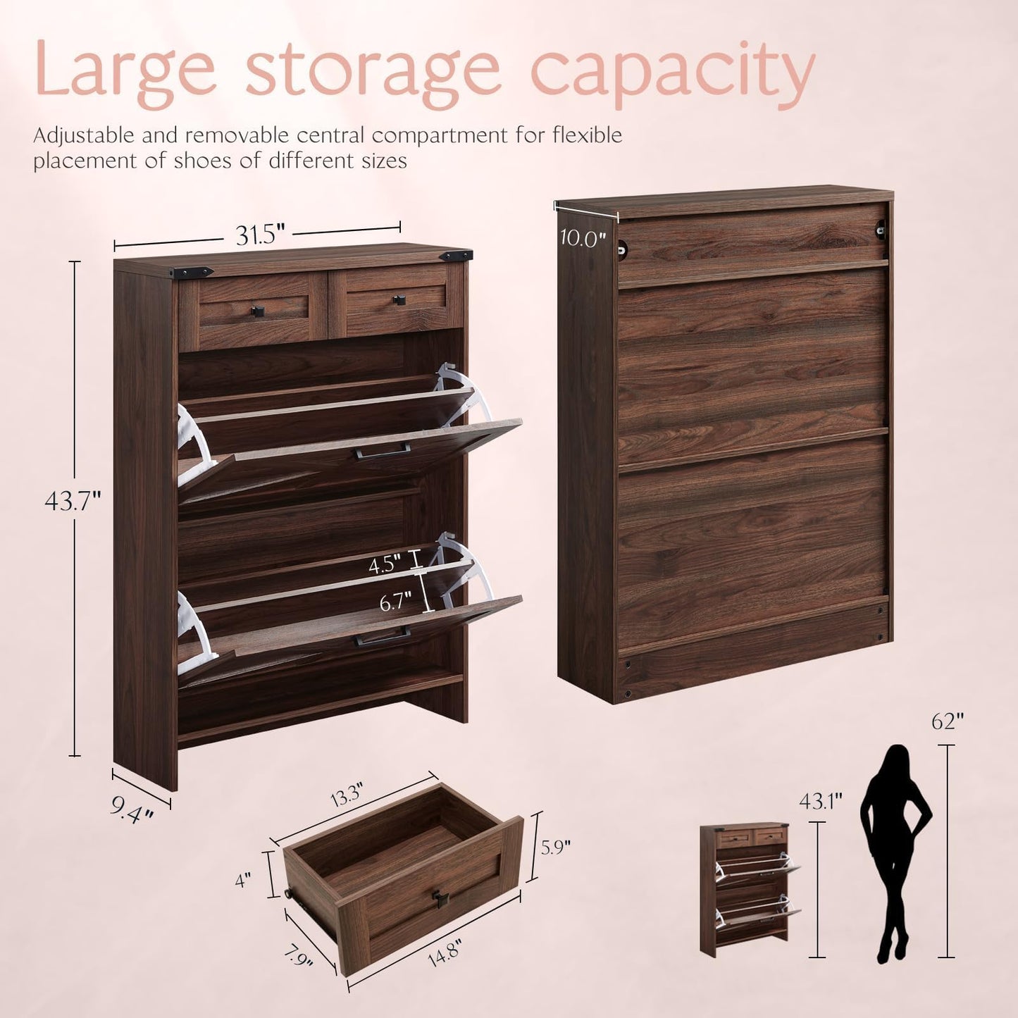 Barnyatoh Shoe Storage Cabinet, Farmhouse Shoe Organizer with 2 Hidden Flip Drawers & 2 Drawers, Narrow Freestanding Shoe Rack Cabinet with Adjustable Shelves for Entryway Hallway,Rustic Brown