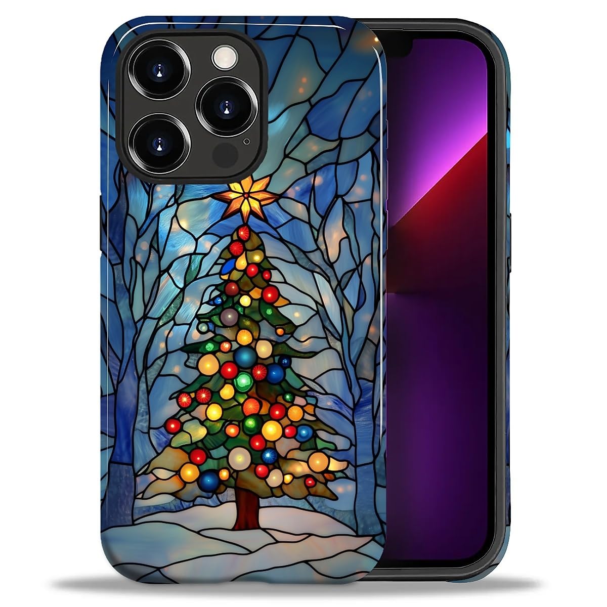 SKAMIX Case for iPhone 13 Pro Max,Drop Protection Hybrid 2-Layer Hard Phone Cover-Stained Glass Winter Christmas Tree