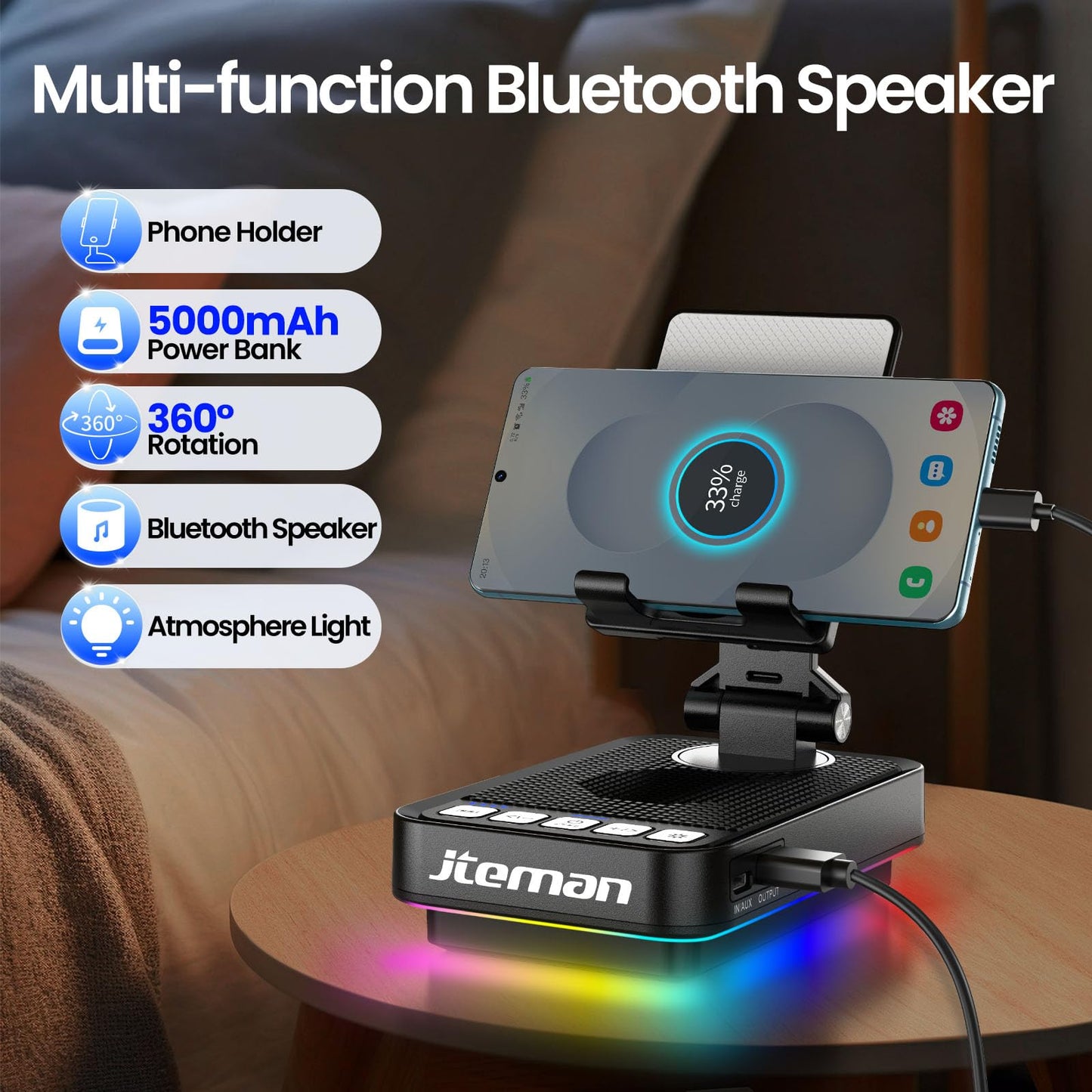 JTEMAN Gifts for Men Women Phone Stand Bluetooth Speaker with Light and Power Bank, 360 Rotating Phone Holder Cool Tech Gifts for Dad Mom Husband Unique Birthday Gift Ideas