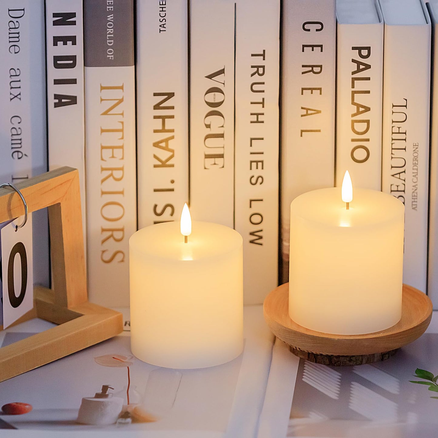 volnyus White Flameless Candles Set of 3 (3x3 inch) Real Wax Flickering LED Candles Battery Operated with Remote Control Timers for Fireplace Bedroom Livingroom Party Dimmable Pillars Flat top