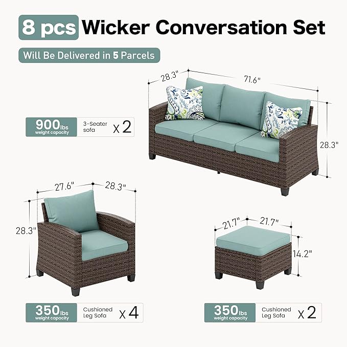 SUNSHINE VALLEY Patio Furniture Set Outdoor Furniture Brown Wicker Rattan Patio Conversation Sets with Cushion Outside Sofa Set,8 Pieces 12 Seats,Blue