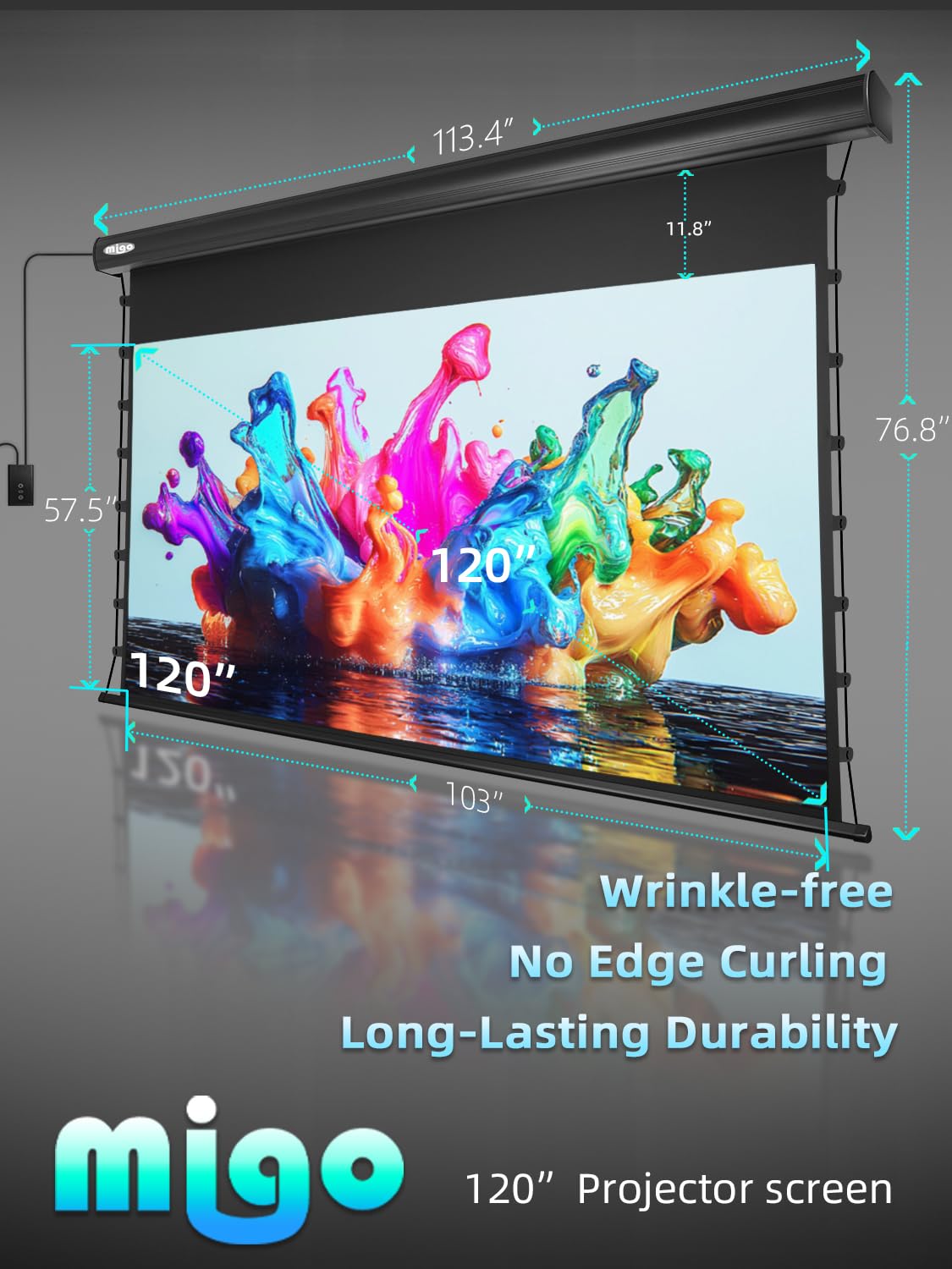 MIGO 120 Inch Motorized Projector Screen Pull Down,2.0 Gain Partial Ambient Light 4K HD TabTension Electric Projector Screen Wall/Ceiling Mount for UST Projector Indoor Home Theater Bar(Black Housing)