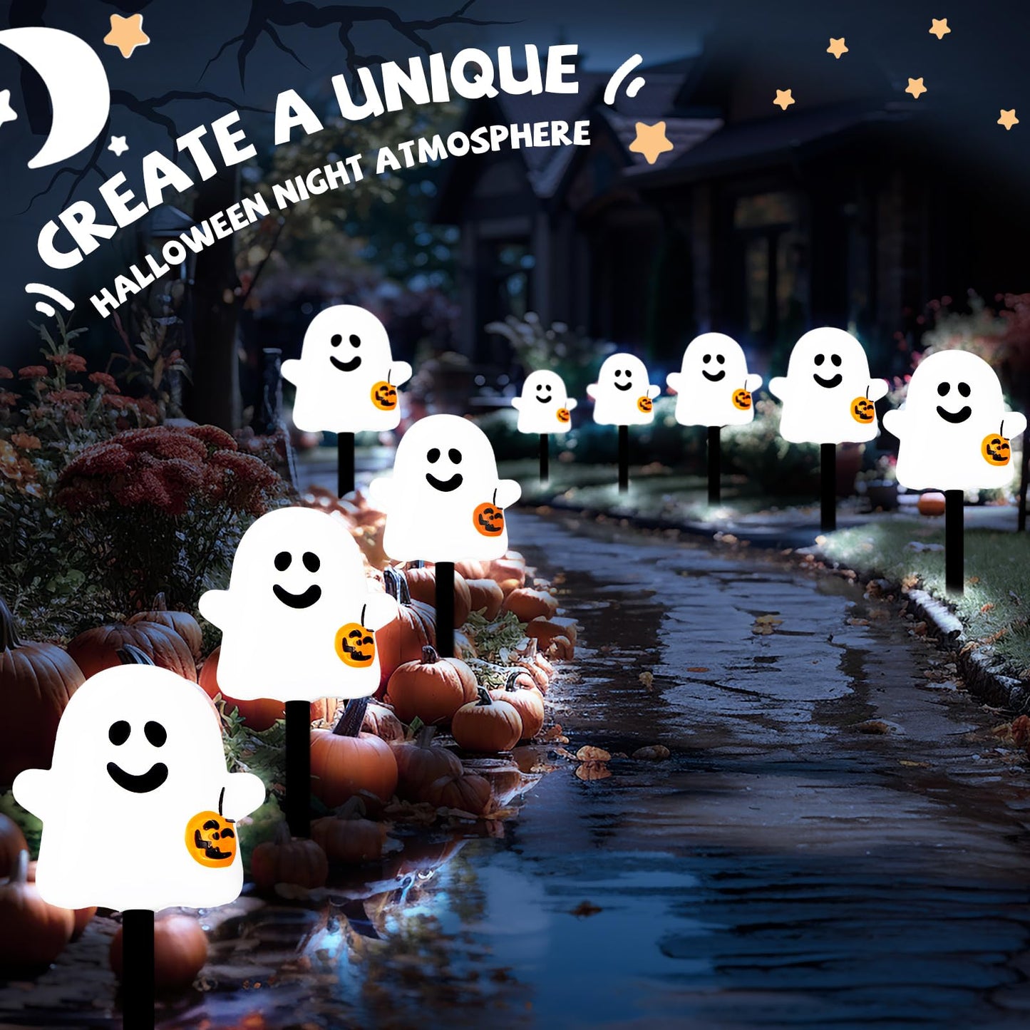 VIHOSE 12 Pcs Halloween Decorations Solar Ghosts Pathway Lights Outdoor Ghosts Stake Lights Solar Powered Garden Waterproof Lighted Halloween Decor for Yard Porch Lawn Walkway Garden Party Decor