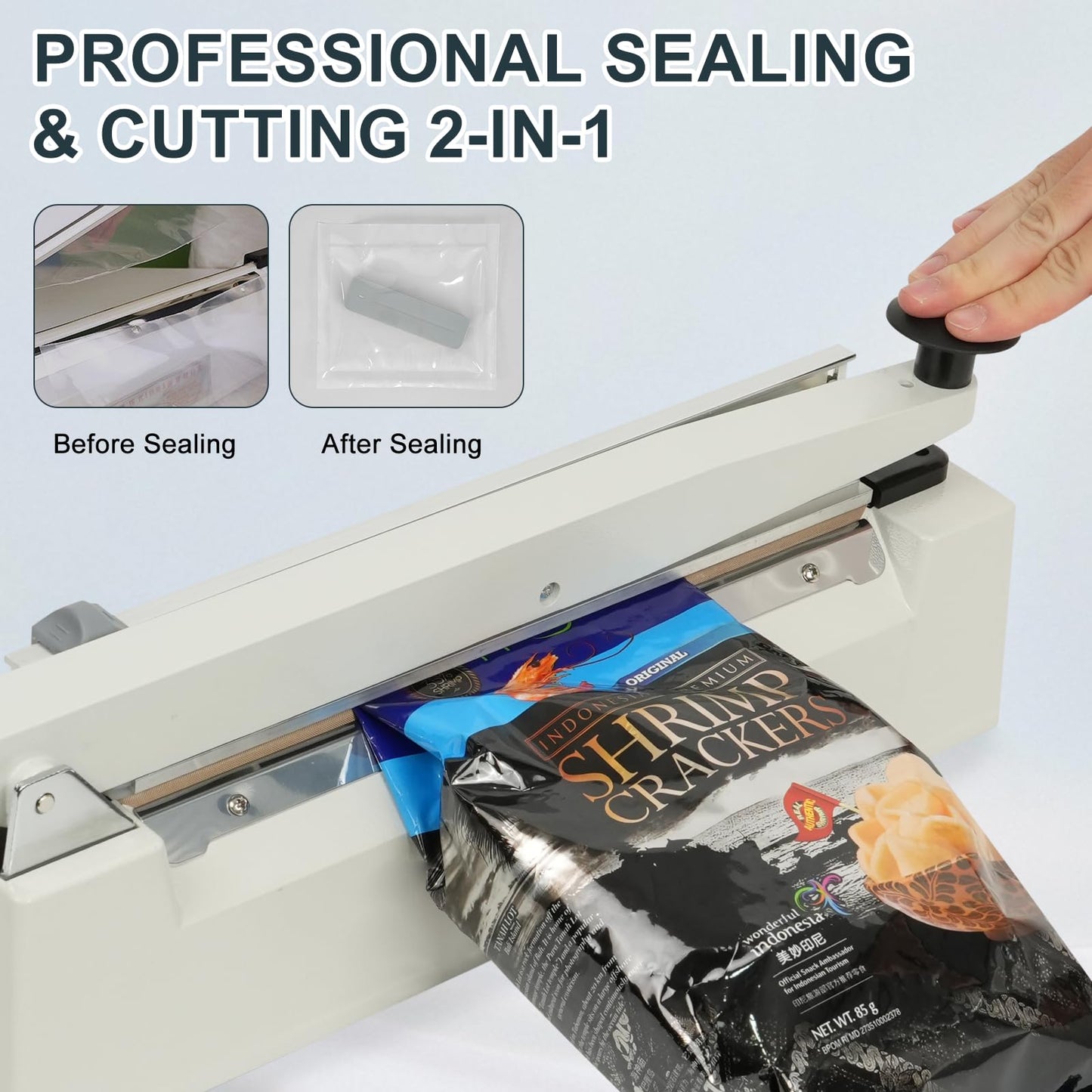 R-PACK Impulse Heat Sealer with Sealing Bar: Heavy-Duty Bag Sealer with Extra Cutting Blade (White, 16-Inch)