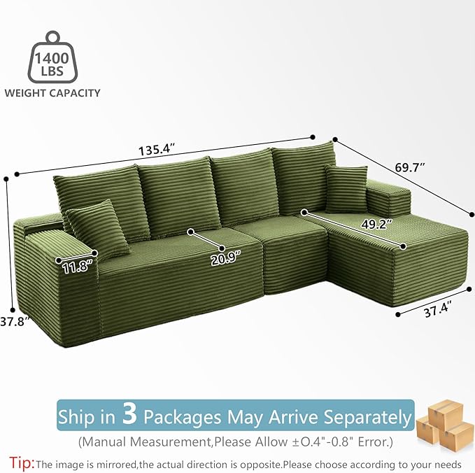 135.4" Cloud Sectional Couch with L-Shape Chaise, Modern Corduroy Boneless Couch for Living Room,Memory Foam Sofa with Deep Seat,No Assembly Required (Green,Right-Facing Chaise)
