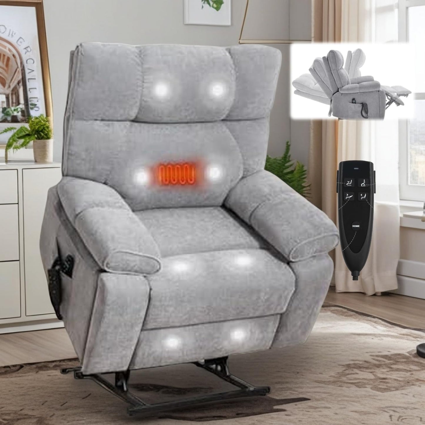Trygoal Dual Motor Power Lift Recliner Chair, 8 Positions Vibration Massage Recliner Chair, Chenille Fabric Recliner with Cup Holder, Vibration Massage and Lumbar Heating for Adults and Elderly, Grey