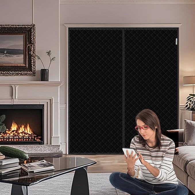 Magnetic Thermal Insulated Door Curtain Fit Door Size 72" x 80", Quilted Oxford Fabric Thicken Cotton Fill, Winter Door Cover Keep Cold Draft Out, Blanket Insulation for Front Patio Doors Black