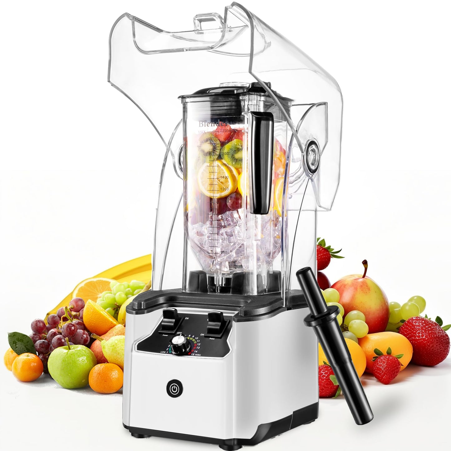Commercial Blender for Smoothies With Quiet Shield, 2.5HP Motor, Stainless Steel Blade, 80oz Pitcher for Shakes, Smoothies, Ice Crushing, Frozen Drinks, 15 Speeds, Self-Cleaning, White 1