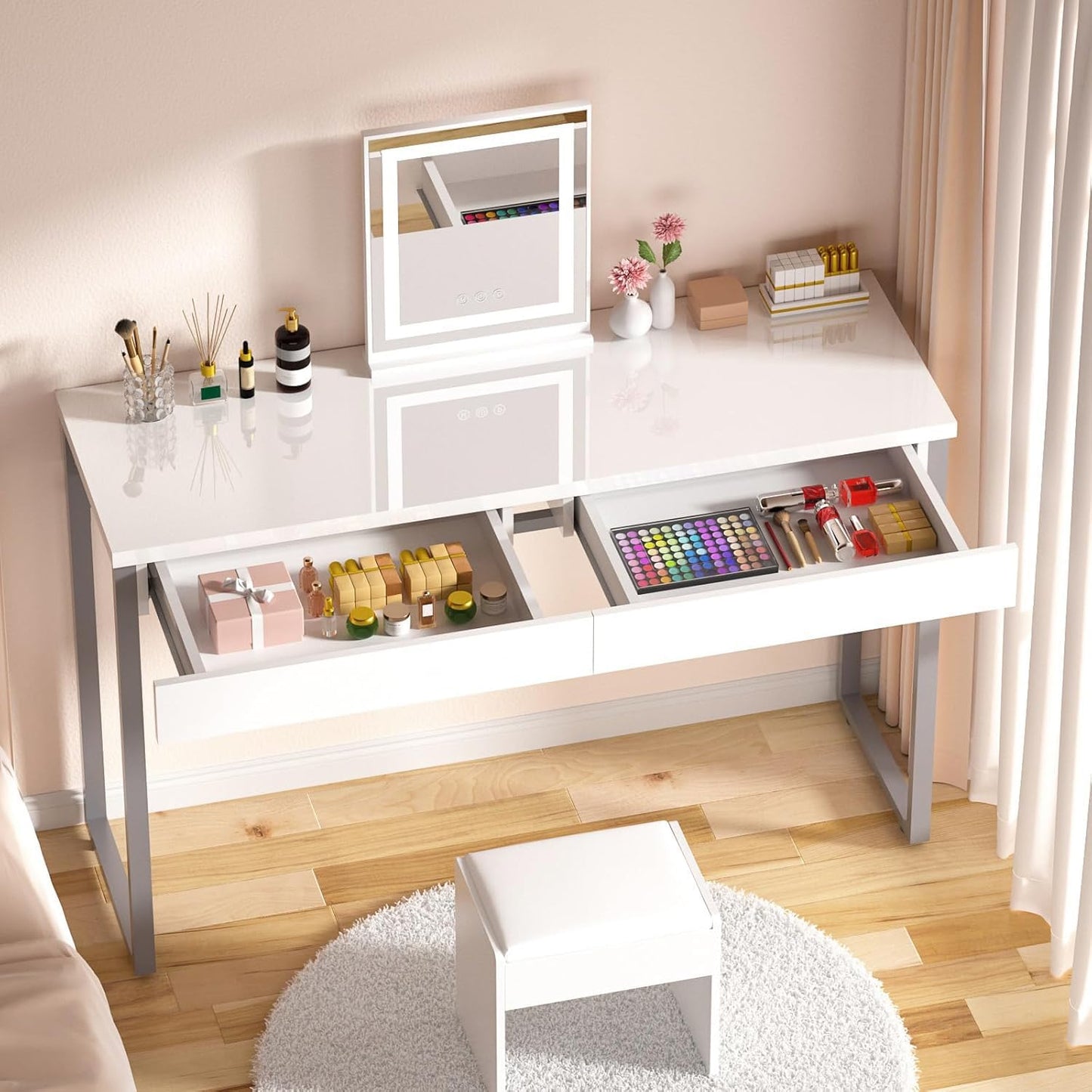 GreenForest Vanity Desk with 2 Drawers,47 inch White Desk with Glossy Desktop Easy Clean,Makeup Dressing Table with Metal Silver Legs for Home Office Small Spaces,Bedroom