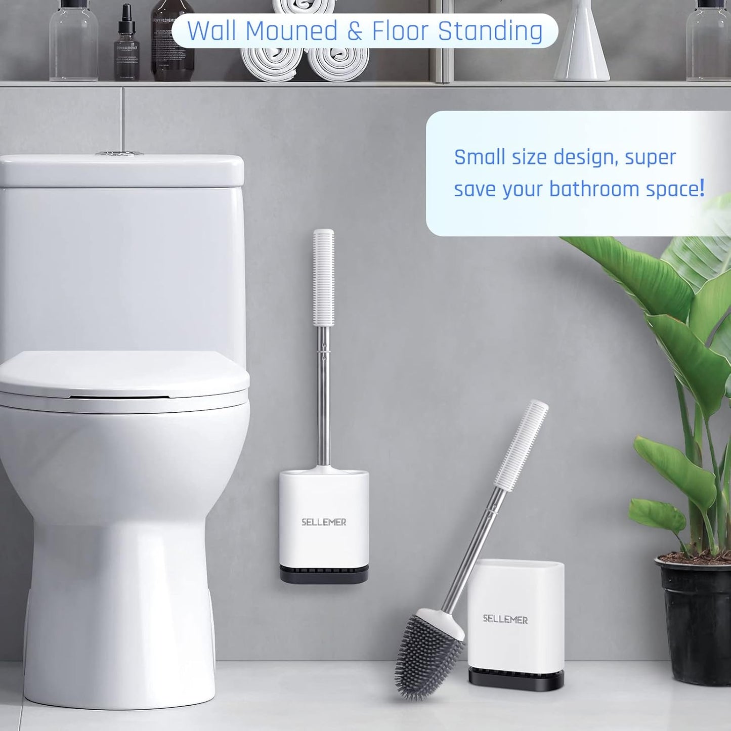 Sellemer Toilet Brush and Holder Set for Bathroom, Flexible Toilet Bowl Brush Head with Silicone Bristles, Compact Size for Storage and Organization, Ventilation Slots Base (1 Pack, Multicolor)