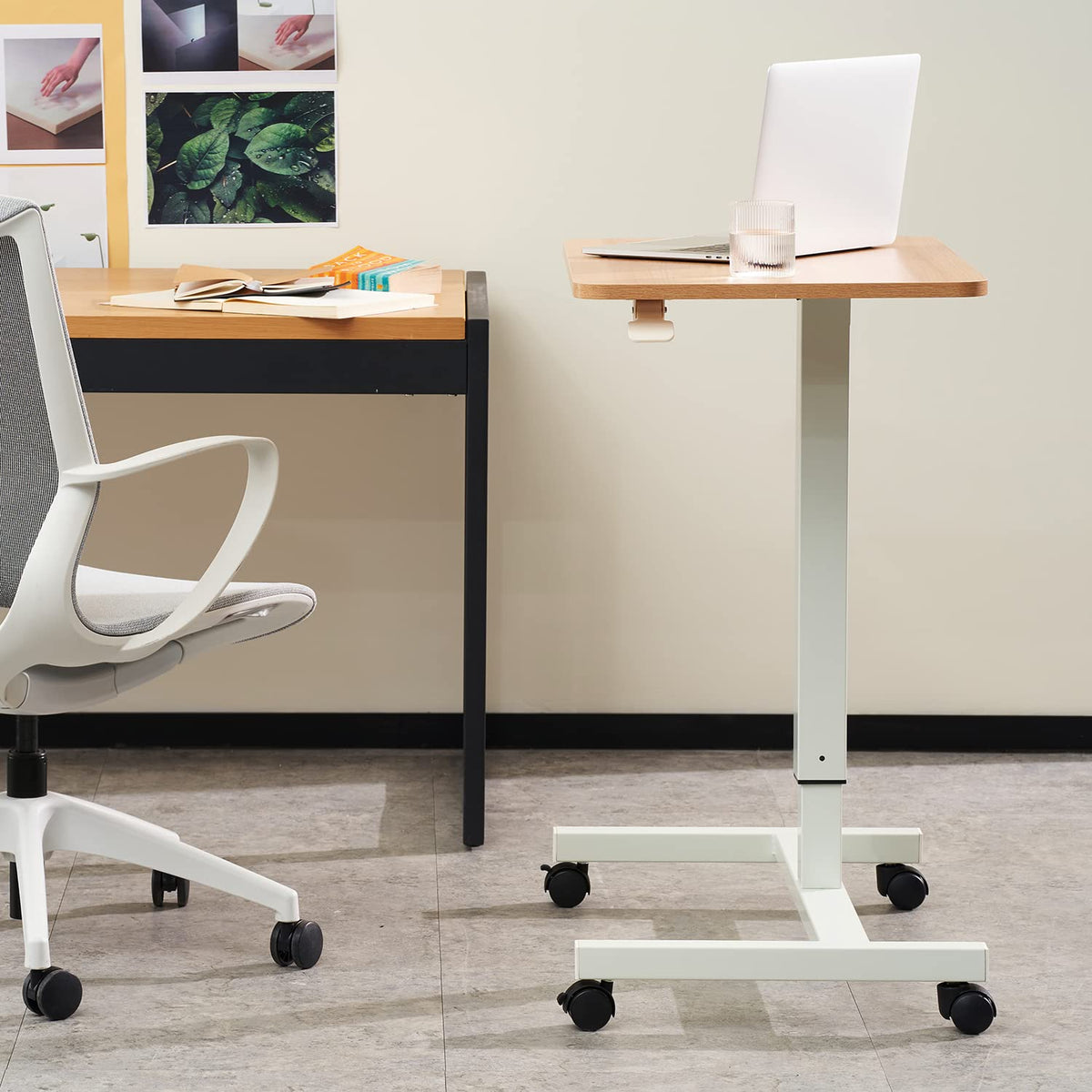 CLATINA Round Edge Design Elegant Mobile Laptop Desk Pneumatic Sit to Stand Table, Height Adjustable Rolling Cart with Lockable Wheels for Home Office Computer Workstation, 28" x 19" Beige