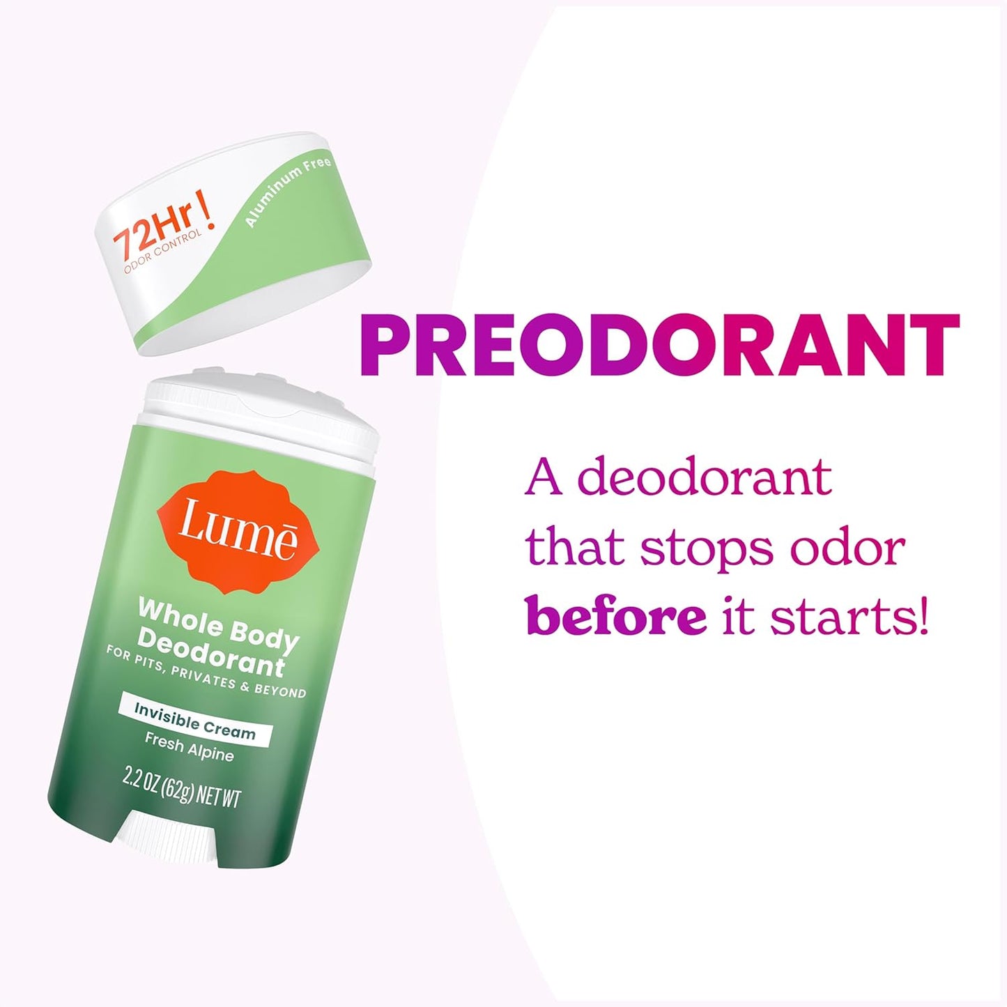 Lume Whole Body Deodorant - Invisible Cream Stick - 72 Hour Odor Control - Aluminum Free, Baking Soda Free, Skin Safe - 2.2 Ounce (Pack of 2) (Fresh Alpine)