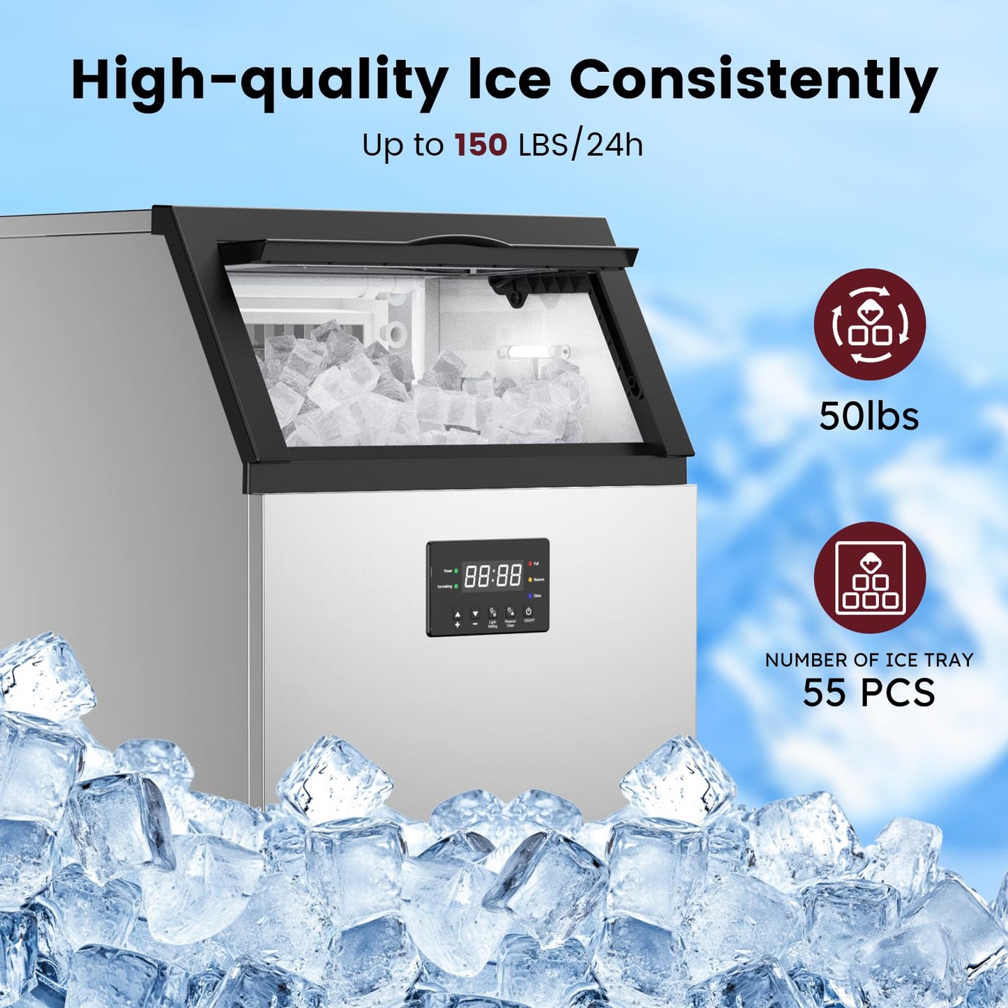 Commercial Ice Maker Machine 200LBS/24H, 40LBS Storage Stainless Steel Under Counter or Freestanding Ice Machine, Self-Cleaning, 55 Cubes per Cycle, Ideal for Bars, Restaurants, and Cafes
