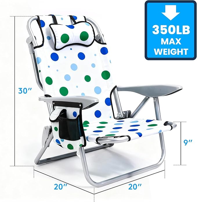 Canpsky Portable Beach Chair for Adults, Outdoor Camping Chair Lay Flat Folding Backpack Beach Reclining Chair with 5 Positions, Headrest, Cup Holder, Heavy Geometric Circle