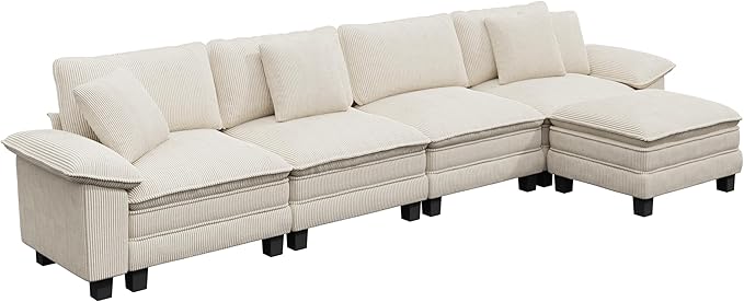 MIXPATIO 157-Inch L Shaped Sectional Sofa with Cloud Cushions, Deep Seat Modular Couch Set w/ 5 Seats & 1 Ottomans, Removable Arms, Plush Corduroy Upholstery for Living Room, Apartment - Beige