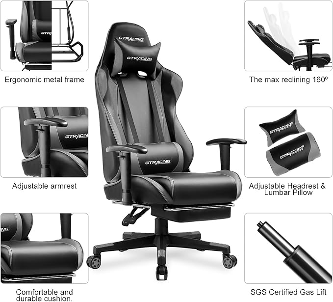 GTPLAYER Gaming Chair with Footrest, Ergonomic Computer Game Desk Chair, Reclining Game Chair Seat Height Adjustment, Swivel Rocker with Headrest and Lumbar (Grey)